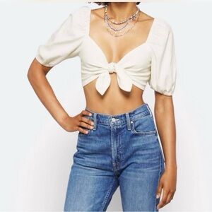 NWT WAYF Linen Indie Crop Top Puff Sleeve Smocked Medium Ivory Boho Festival